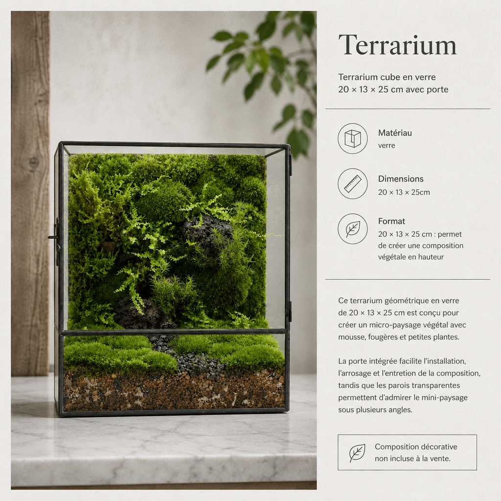 Terrarium cube en verre 20 × 13 × 25 cm avec porte