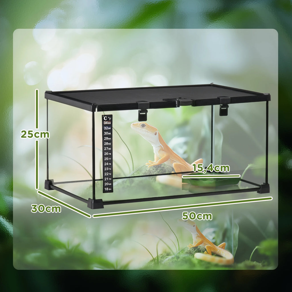 Terrarium en verre 50 × 30 × 25 cm avec couvercle grillagé et porte d’alimentation