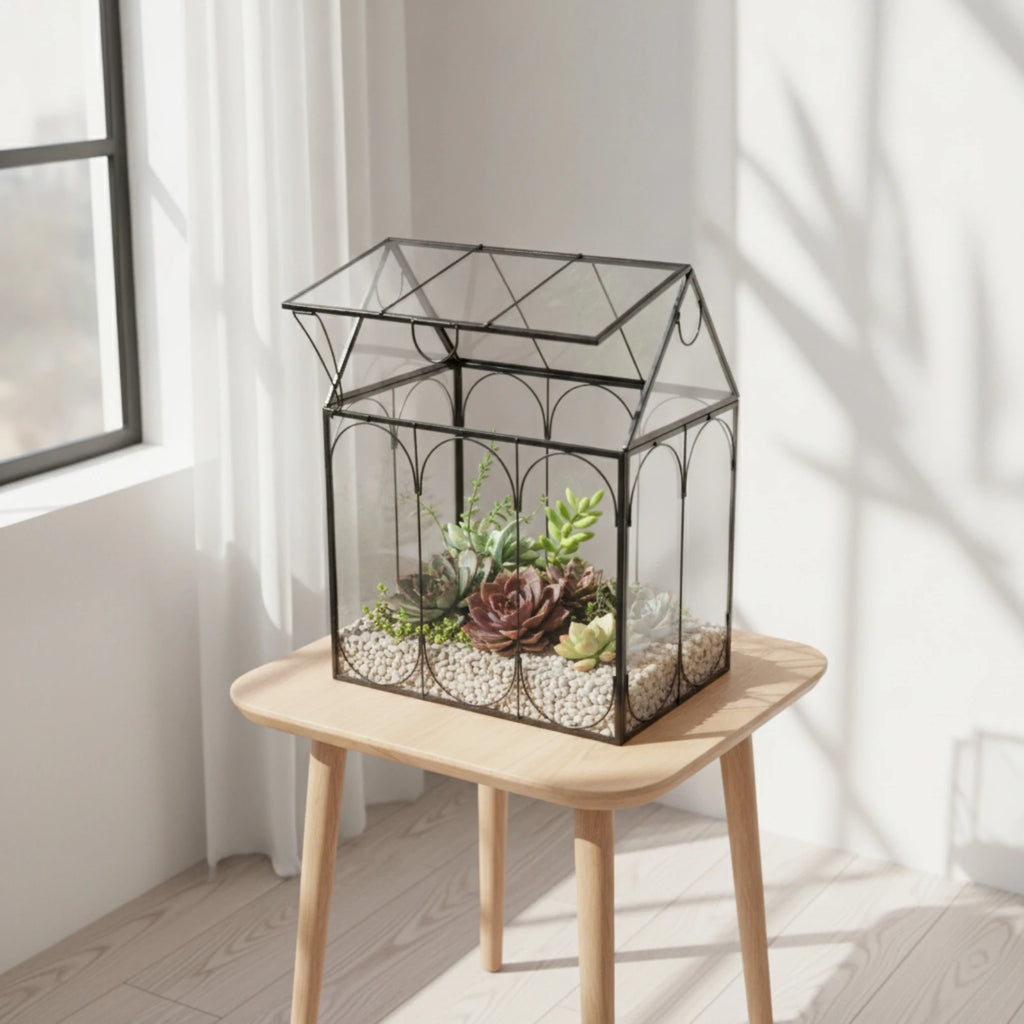 Terrarium maison en verre avec cadre en métal noir